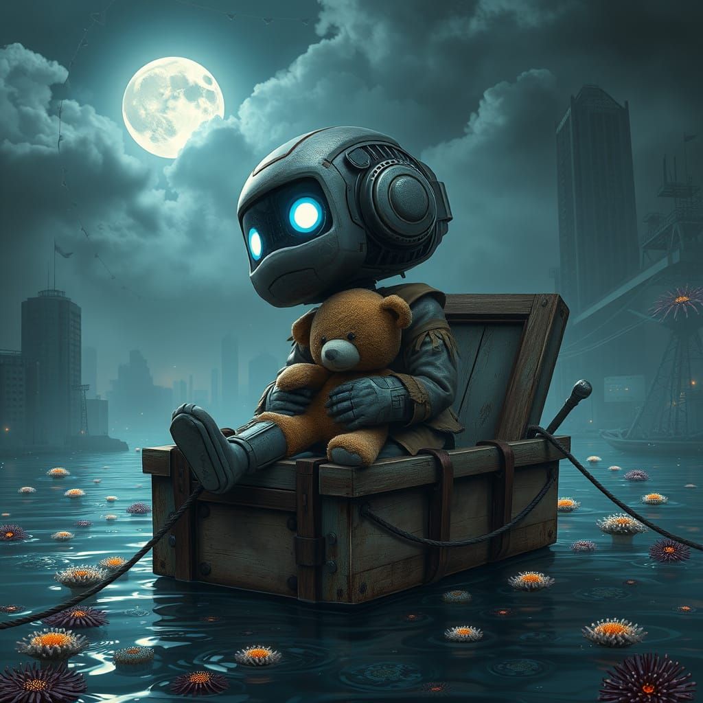 Robot Child Adrift in Flooded City, Hyperrealistic Style