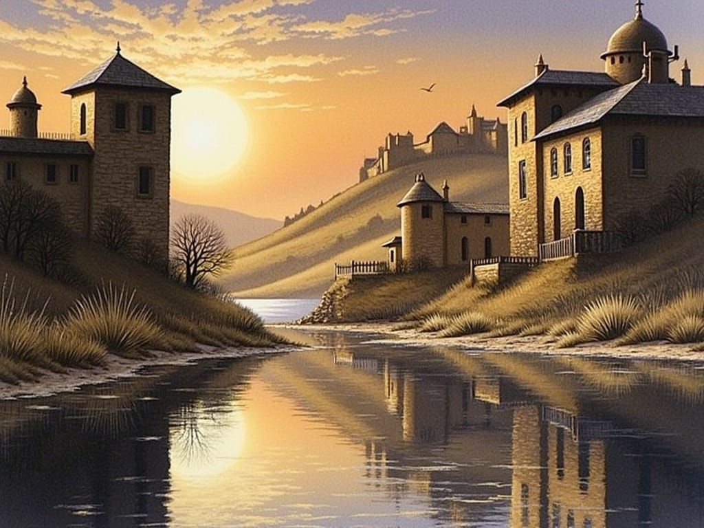 Arabian Ruined City Reflected in Serene Lake Oasis at Sunset