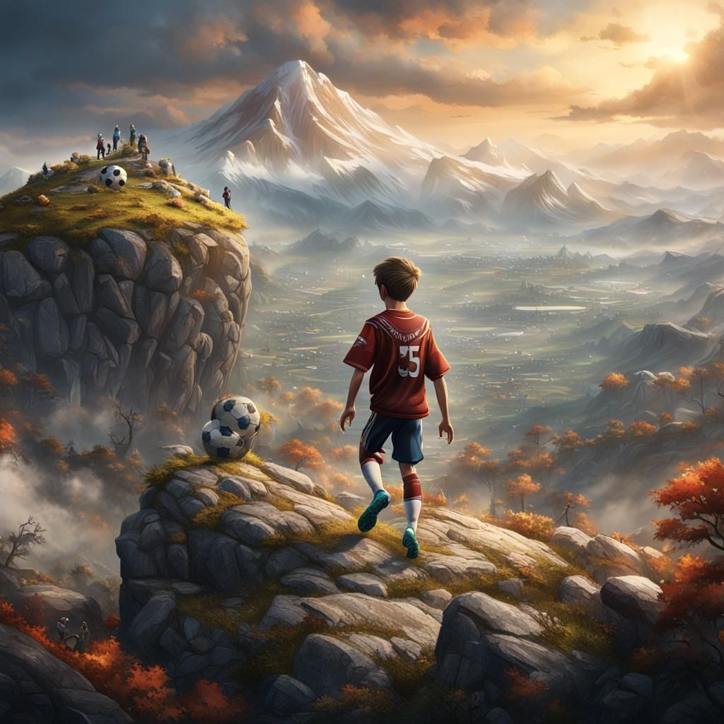 Boy Playing Football on Mountain: Fantasy Concept Art