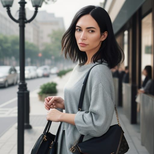 Stylish Woman Models Louis Vuitton Bucket Bag in Serene Outd...