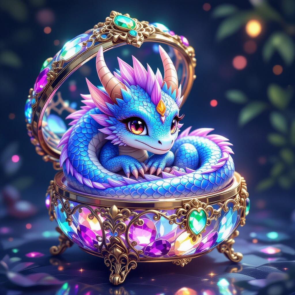 Miniature Dragon Curled in Jewel Box, Anime Style