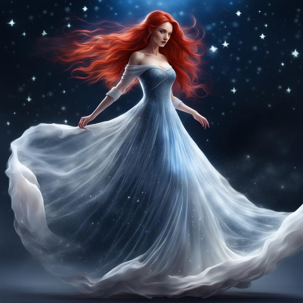 Red-Haired Princess in Flowing Starry Gown