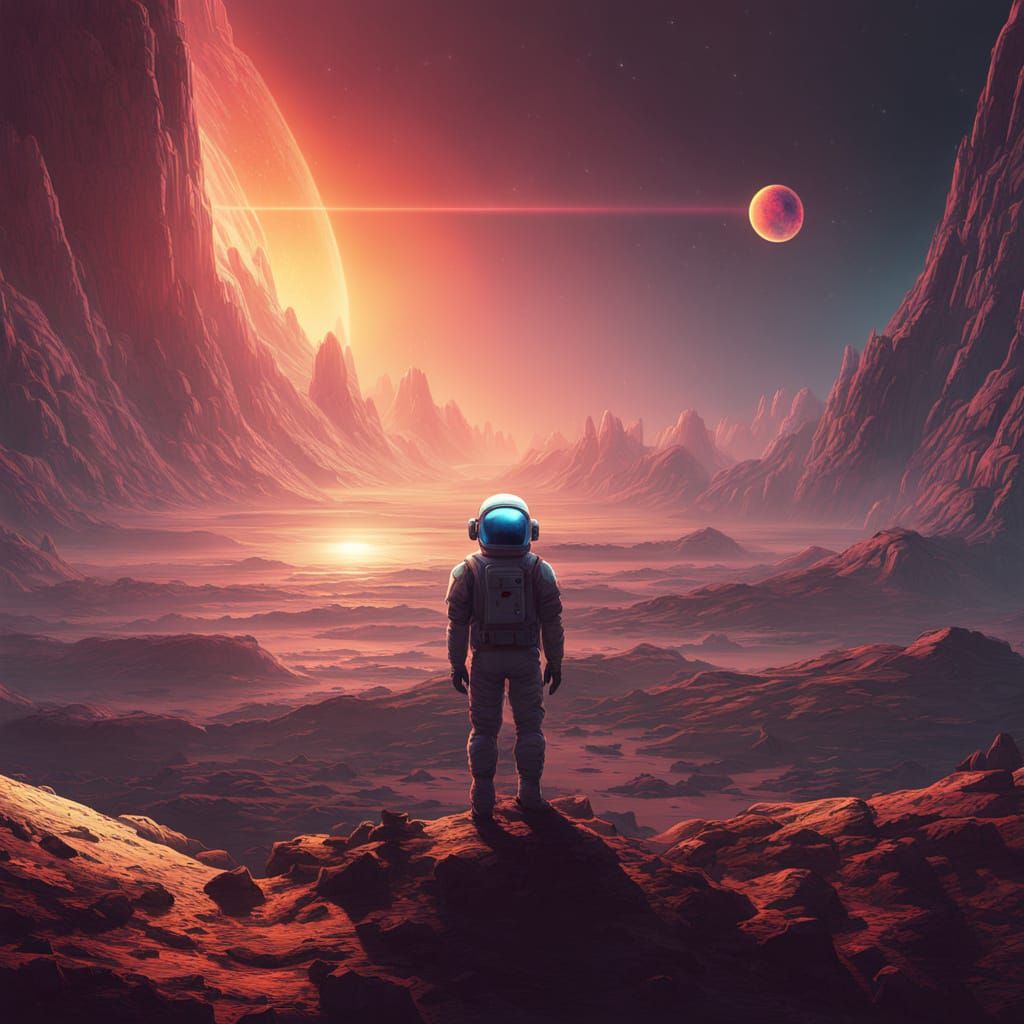 Astronaut Views Binary Sunset from Alien Crater Edge