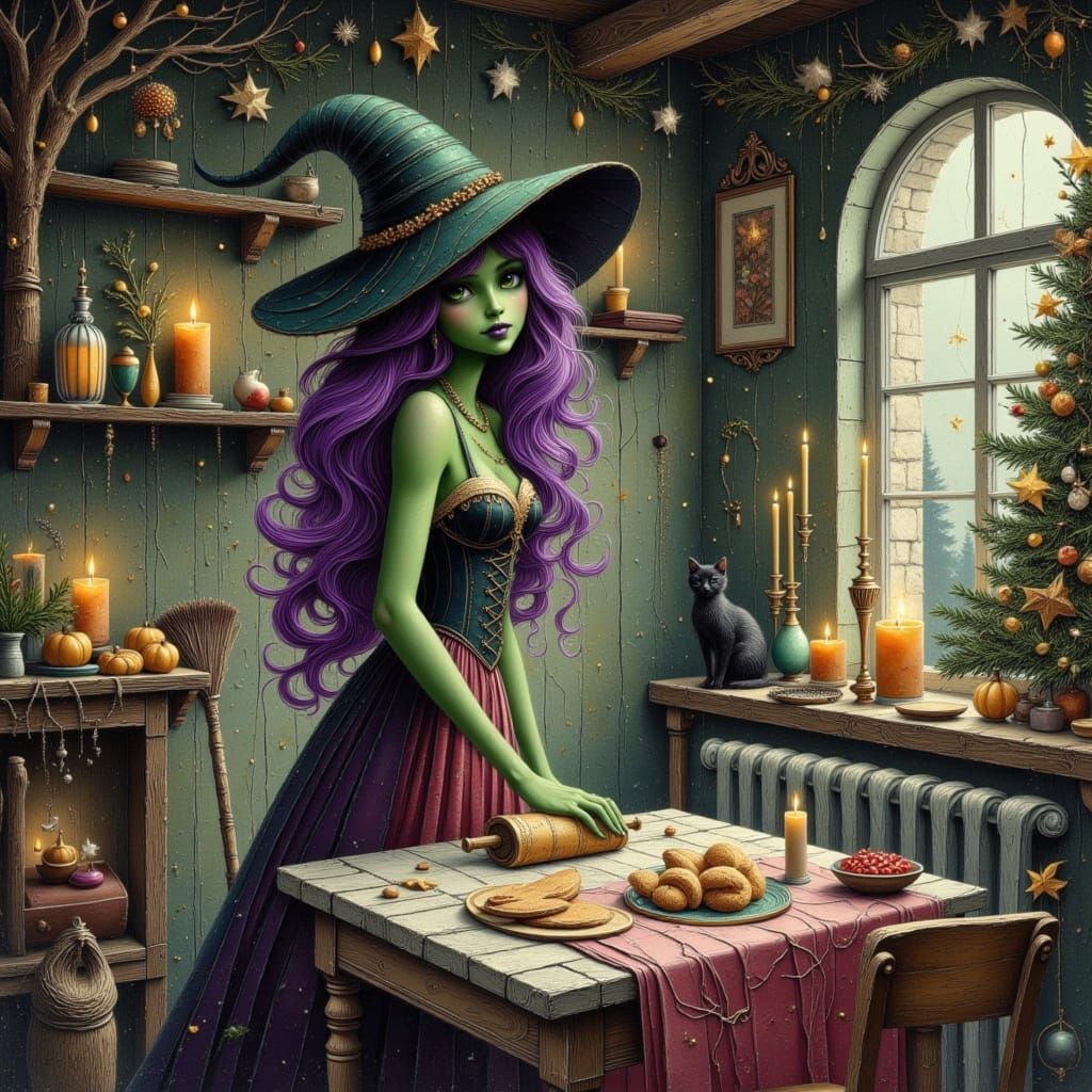 Beautiful Witch Baking Pastry in Cozy Christmas Cottage