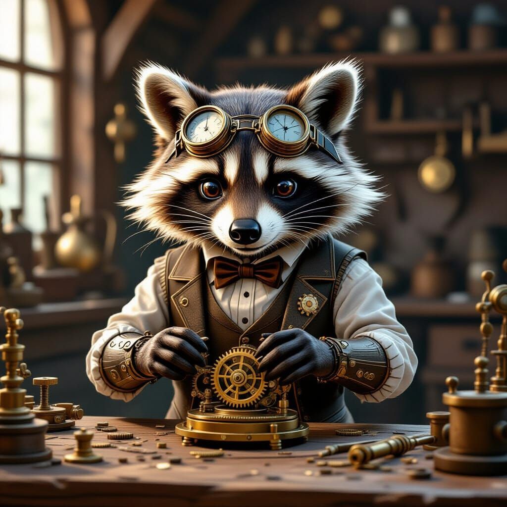 Steampunk Raccoon Tinkers with Clockwork Device