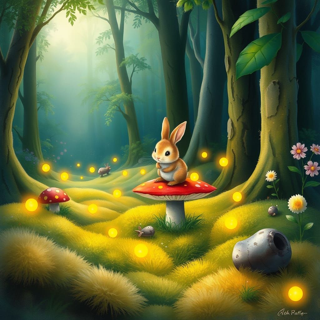 Whimsical Forest Scene in Dreamy Watercolor Style