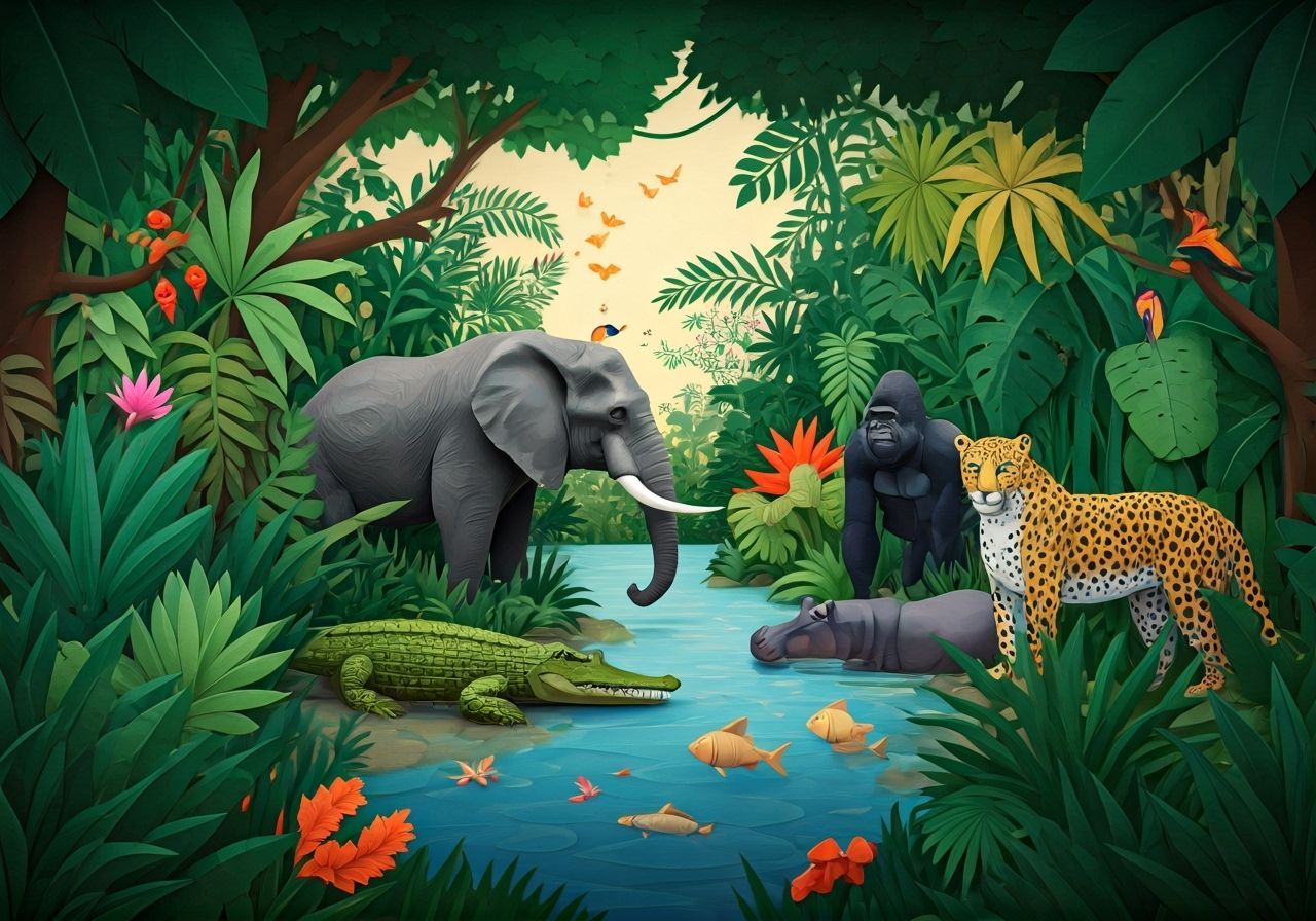 Origami African Paradise with Paper Elephant in Fauvist Styl...