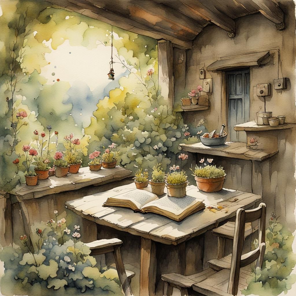 Watercolor Cottage Garden in Pastel Colors
