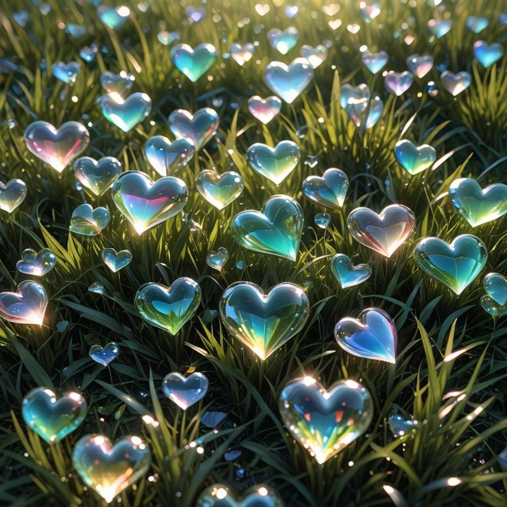 Iridescent Glass Hearts on Emerald Grass, Digital Art