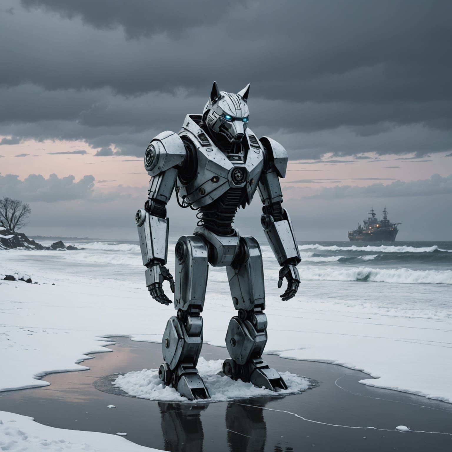 Chrome Wolf Robot on a Desolate Beach