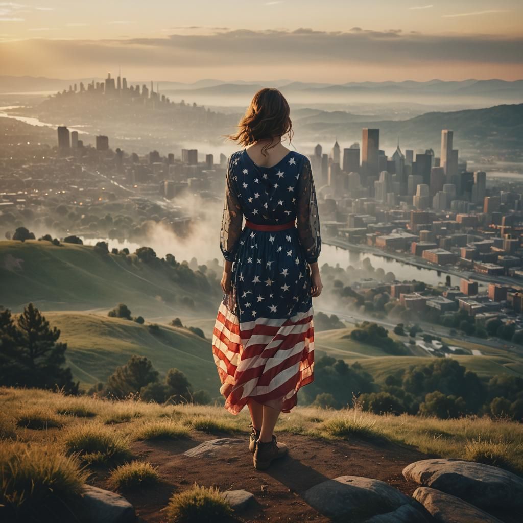 Woman in American Flag Dress at Sunset