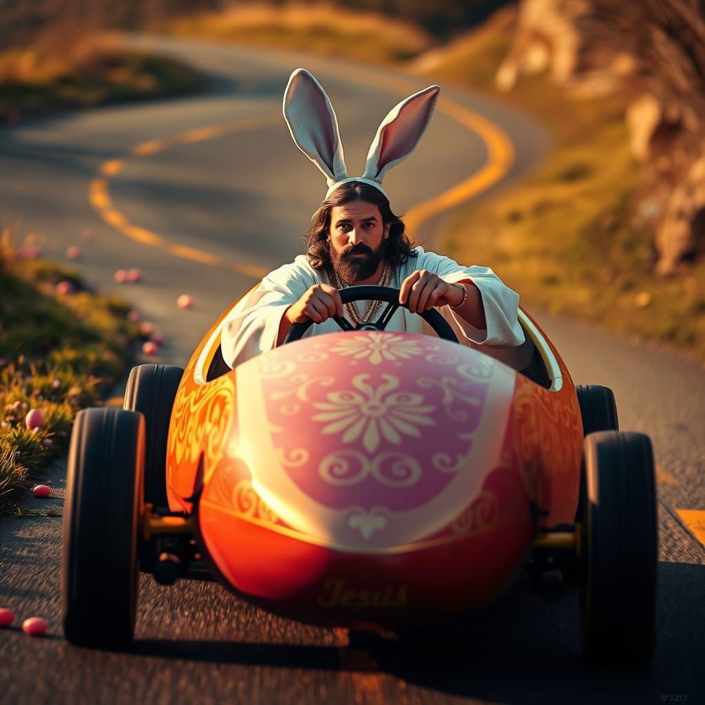 Surreal Easter Egg Car Chase in Whimsical, Cinematic Style