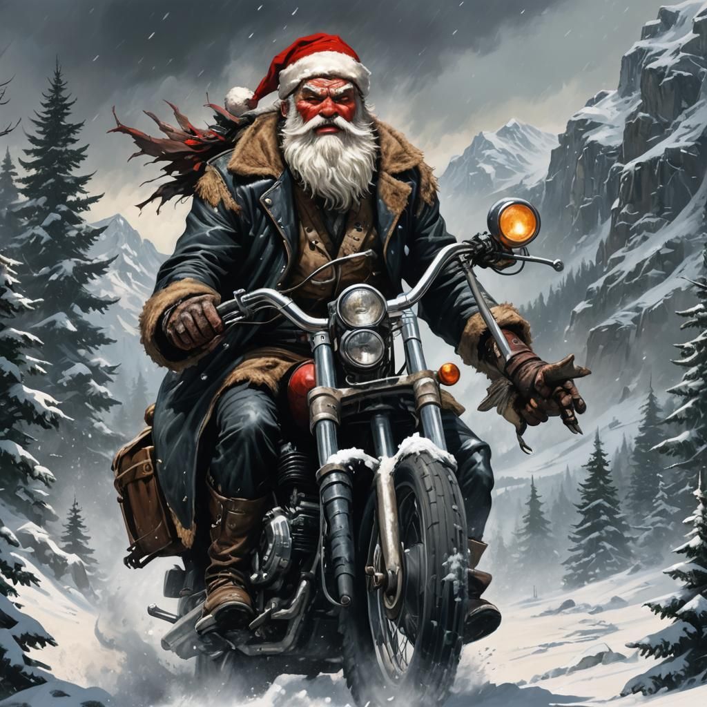 Santa Claus Rides Chopper: Gritty Fantasy Art