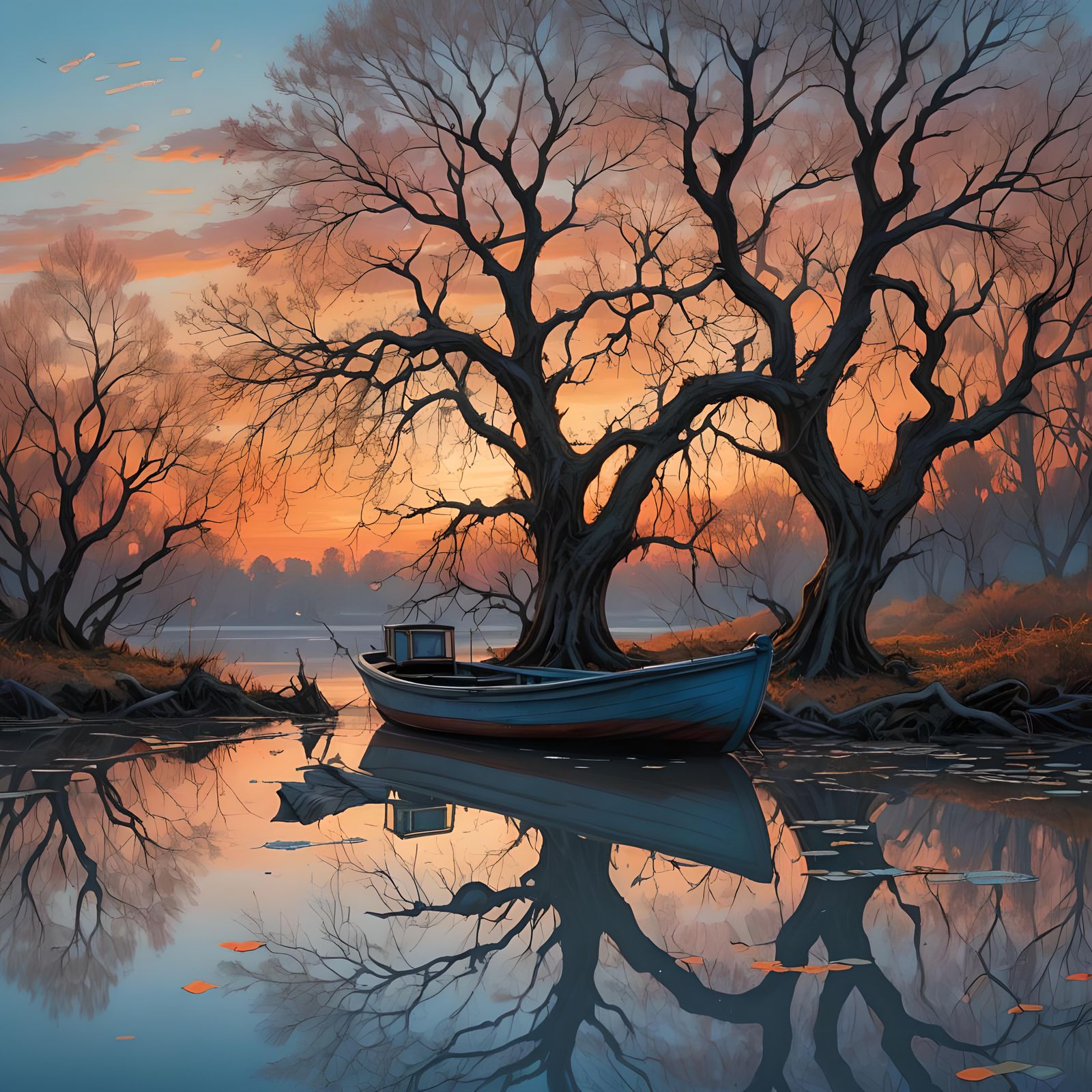 Vibrant Sunset Over Pond with Boat: Photorealistic Image