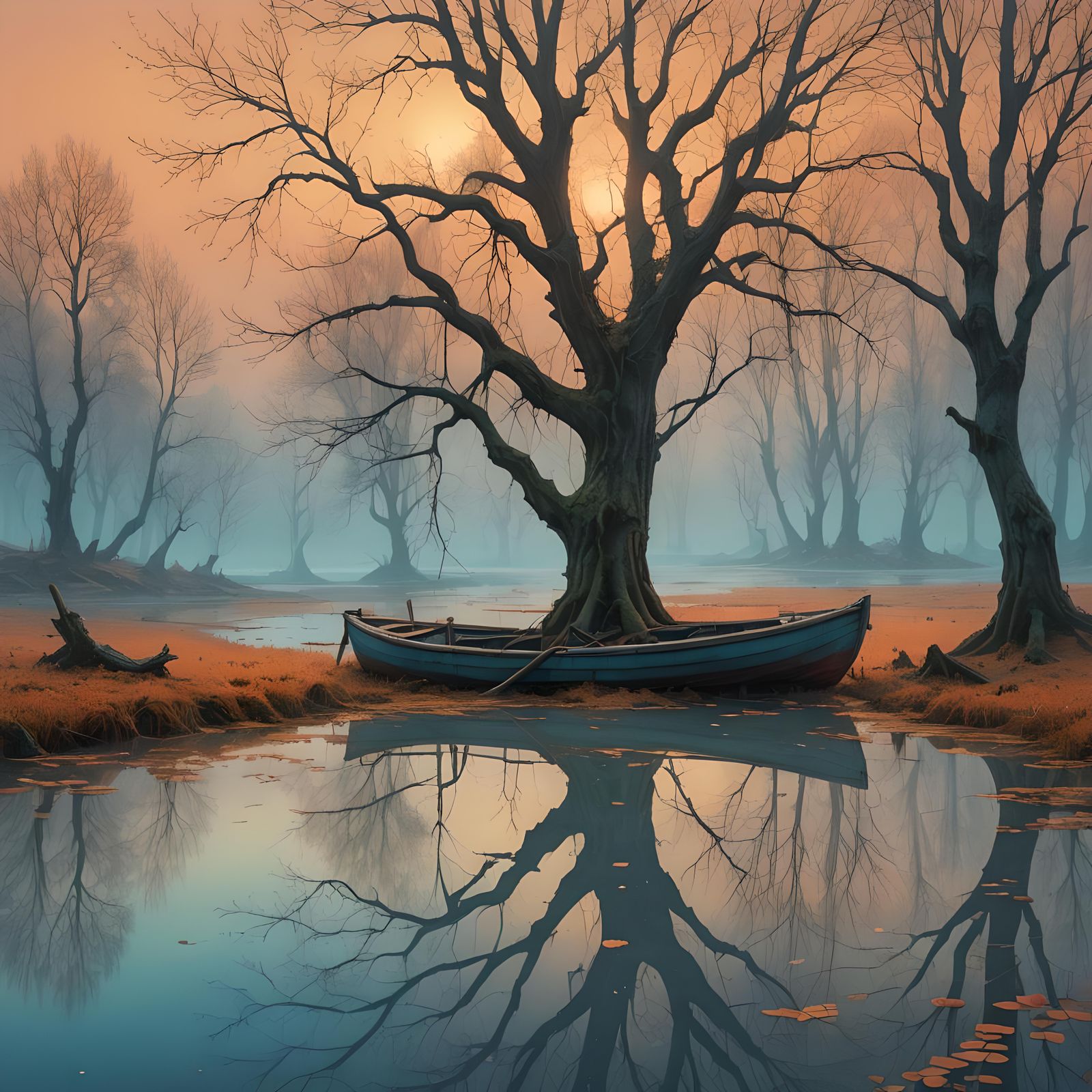 Vibrant Sunset Reflection on Pond with Lonely Boat