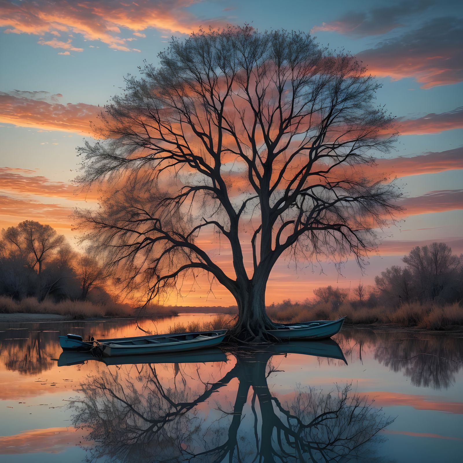 Vibrant Sunset Reflected on Pond with Lonely Boat