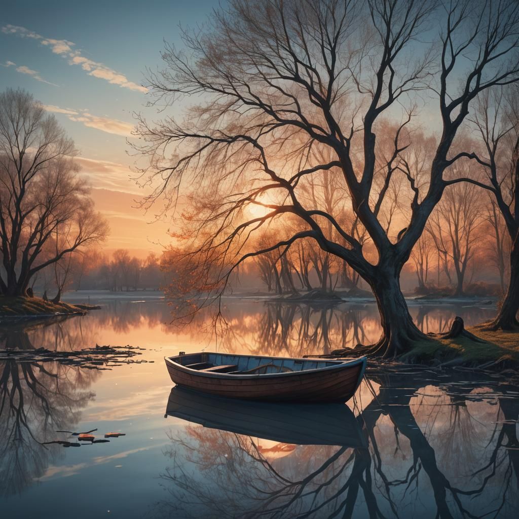 Lonely Boat at Sunset in Serene Pond