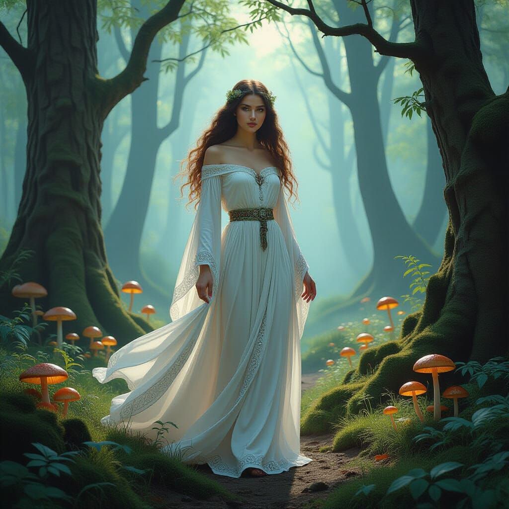 Mystical Druidess in Forest Clearing, Pre-Raphaelite Style