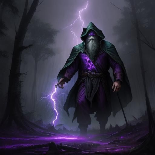 Sinister Wizard in Forest Lightning Storm