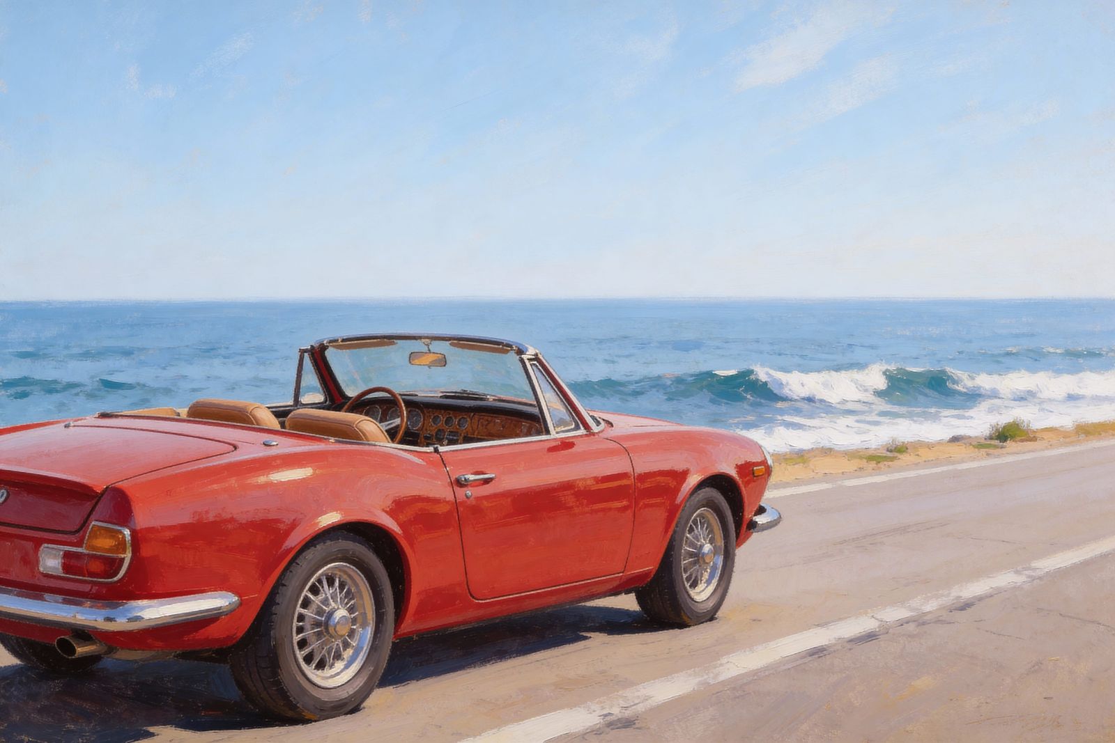 1960s Red Sports Car by the Ocean