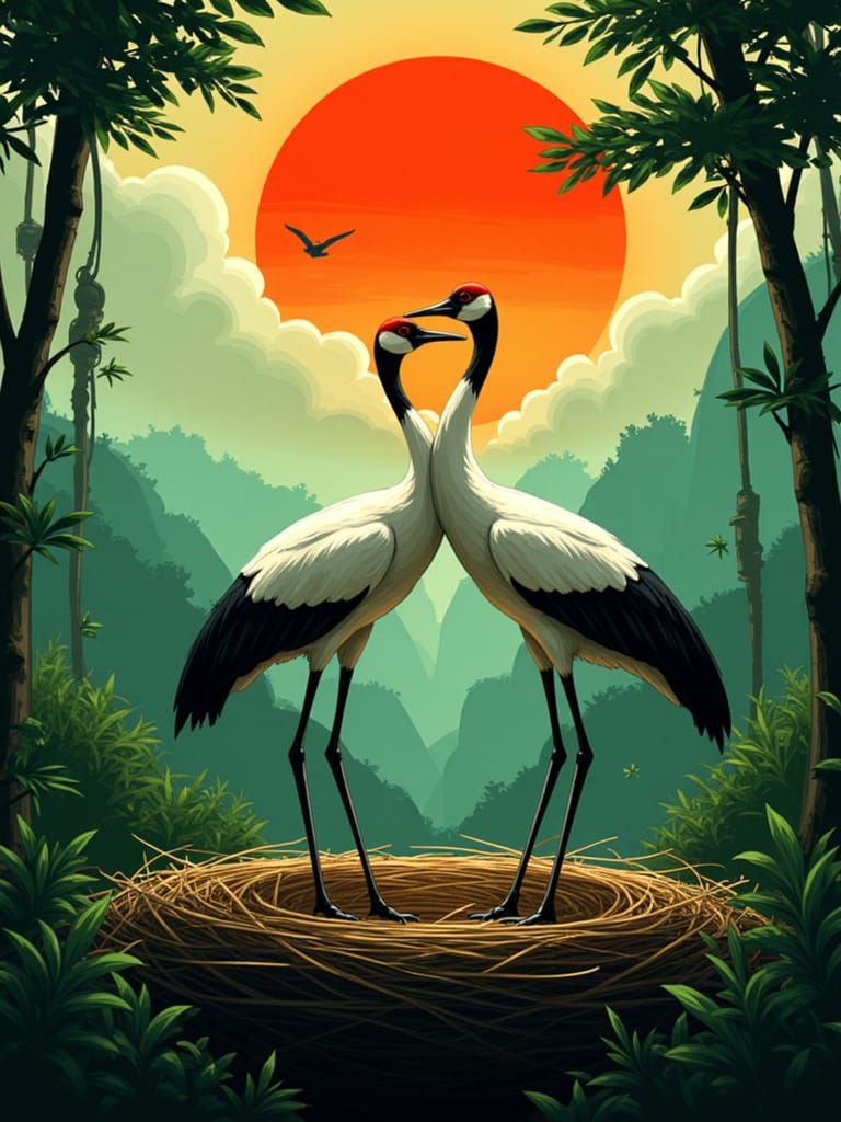 Cranes Nesting in Thailand: An Oil Matte Painting