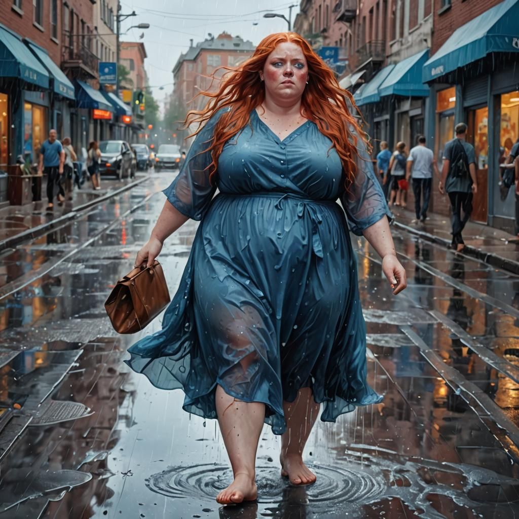 Obese Redhead Walks Barefoot in Rainy City: Hyperrealistic A...