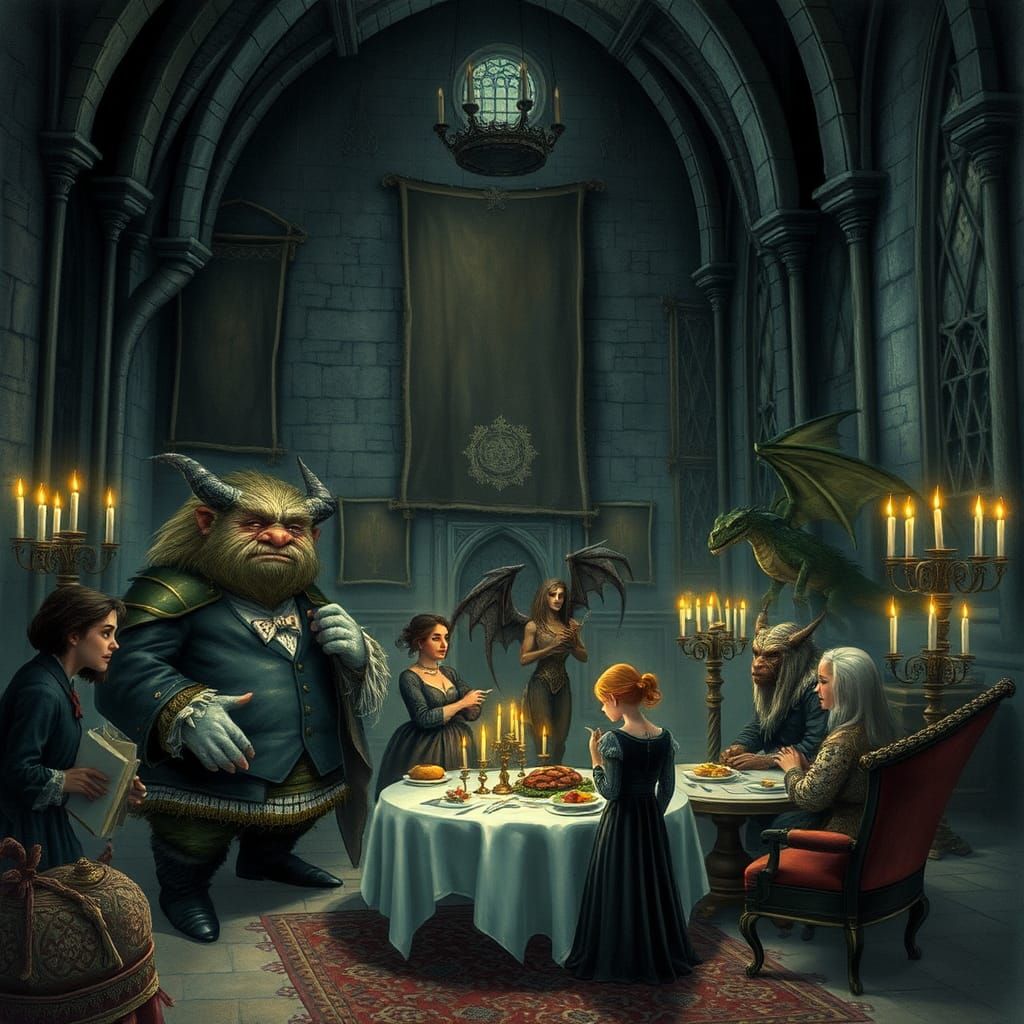 Medieval Creatures Feast in Gothic Castle