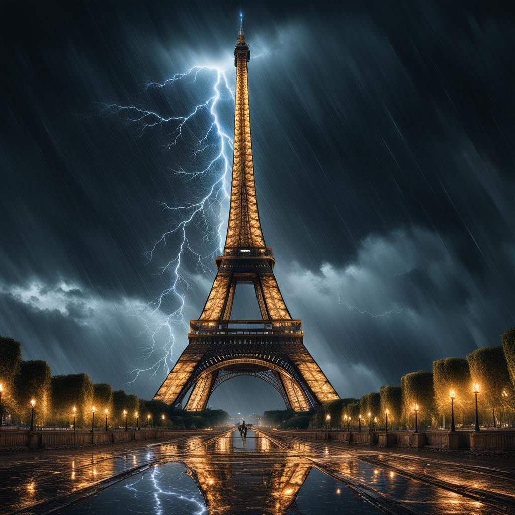 Eiffel Tower Lightning Strike: Dramatic Digital Painting