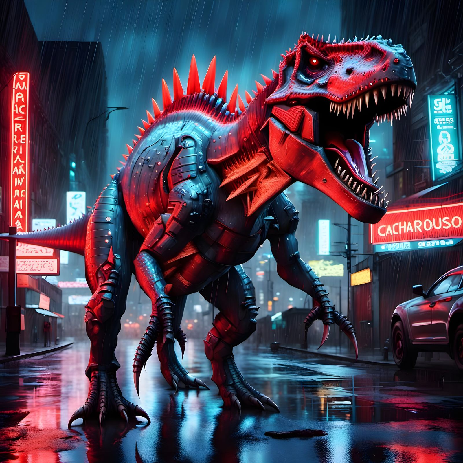 Cyberpunk Carcharodontosaurus in Neon Cityscape