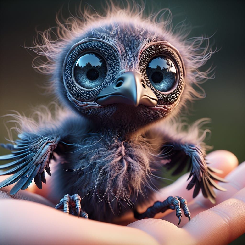 an adorably ugly baby raven with thin lack fluff and no feathers and enormous blue ringed eyes flapping tiny bald wings ...