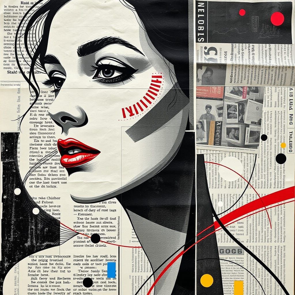 Constructivist Woman Portrait in Vibrant Newspaper Collage