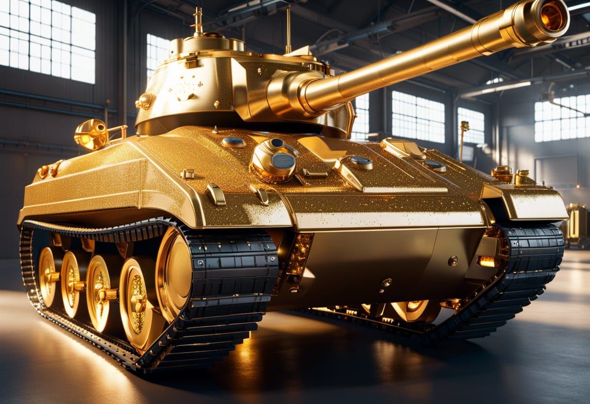 Glittering Gold Tank in Modern Hangar: 3D Render