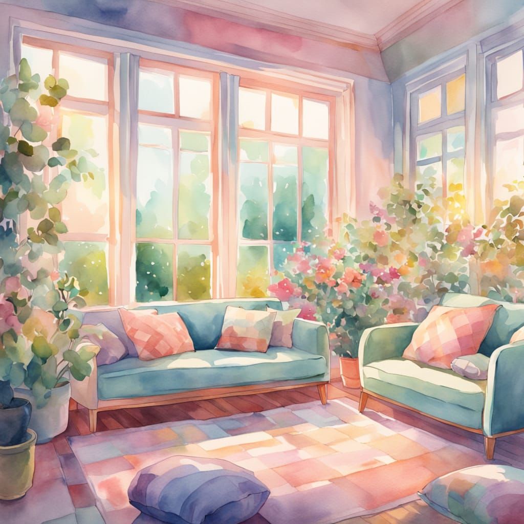 Pastel Room with Floor Pillows and Love Seat
