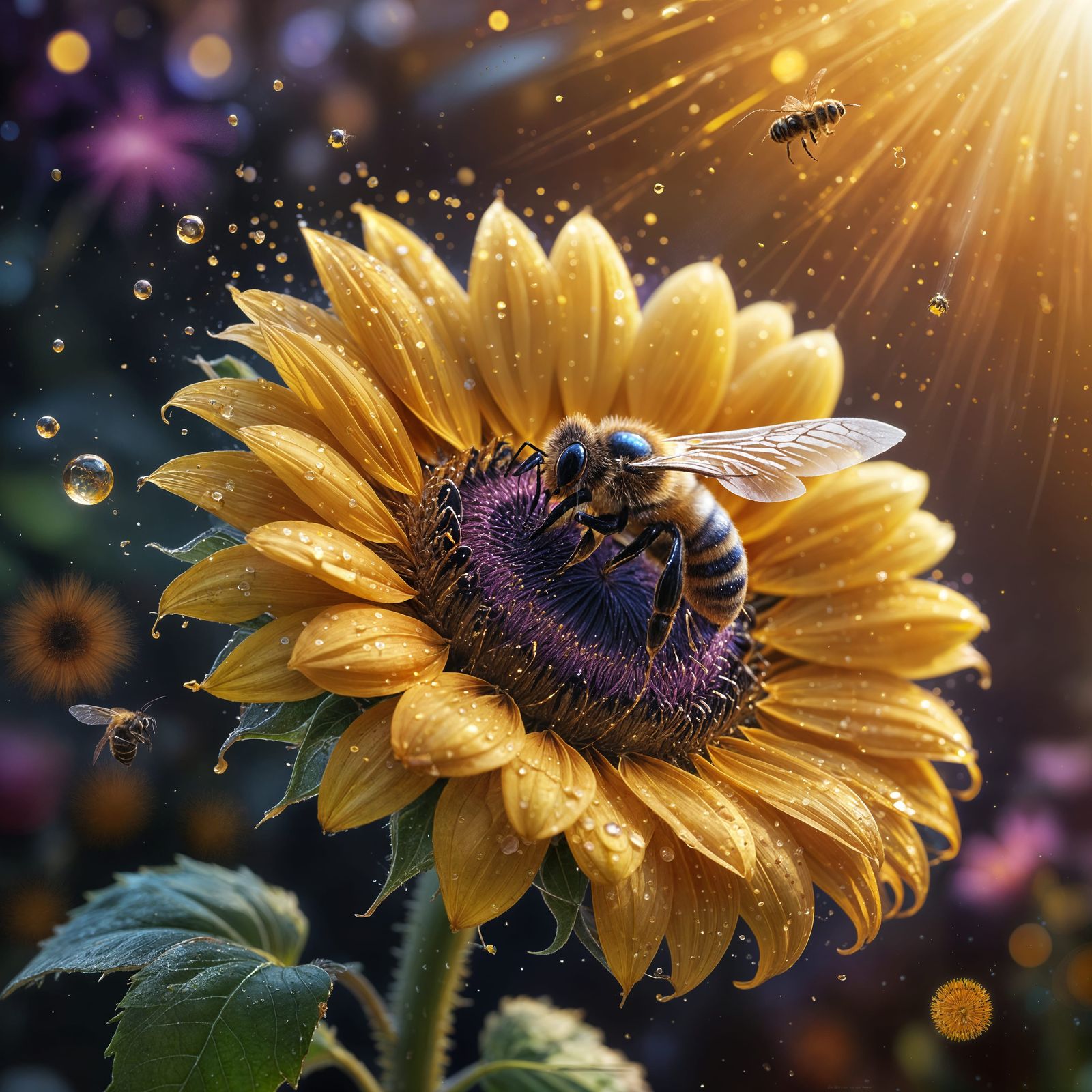 Hyper-Detailed Sunflower with Honeybee in Golden Light