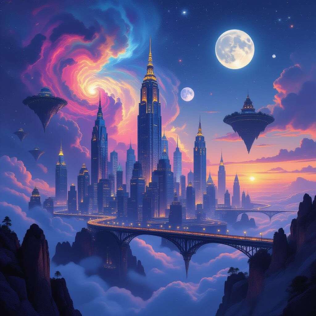 Celestial Art Deco Cityscape at Twilight with Nebulae