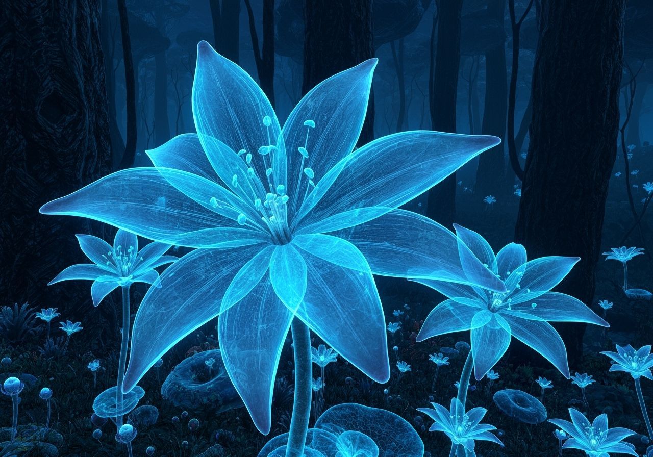 Ethereal Blue Alien Flowers in Dark Forest