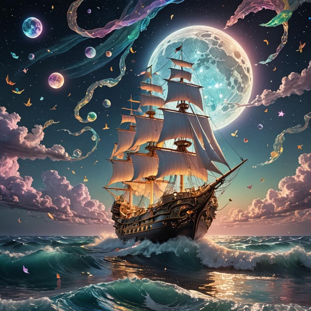 Mythological Ship Sailing Cosmic Ocean in Rococo Style