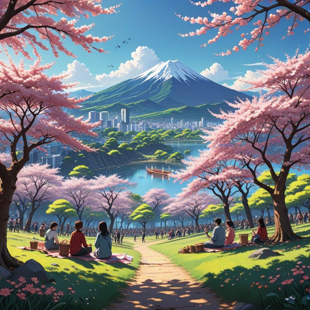 Sakura Blossom Scene in Vibrant Anime Style