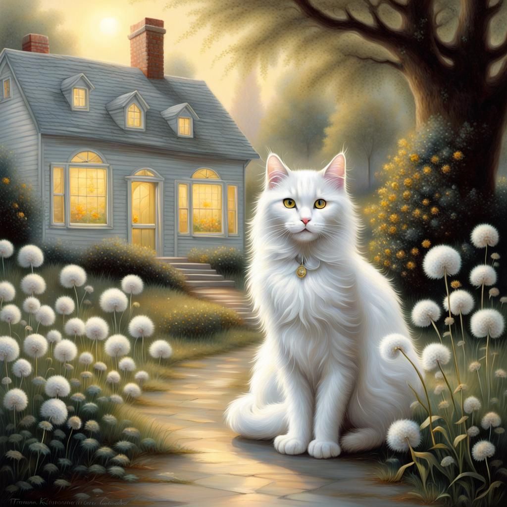 Ethereal White Cat in Dandelion Field