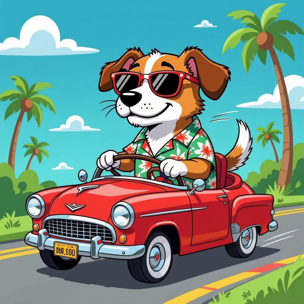 Dog Driving Car in Cartoon Style