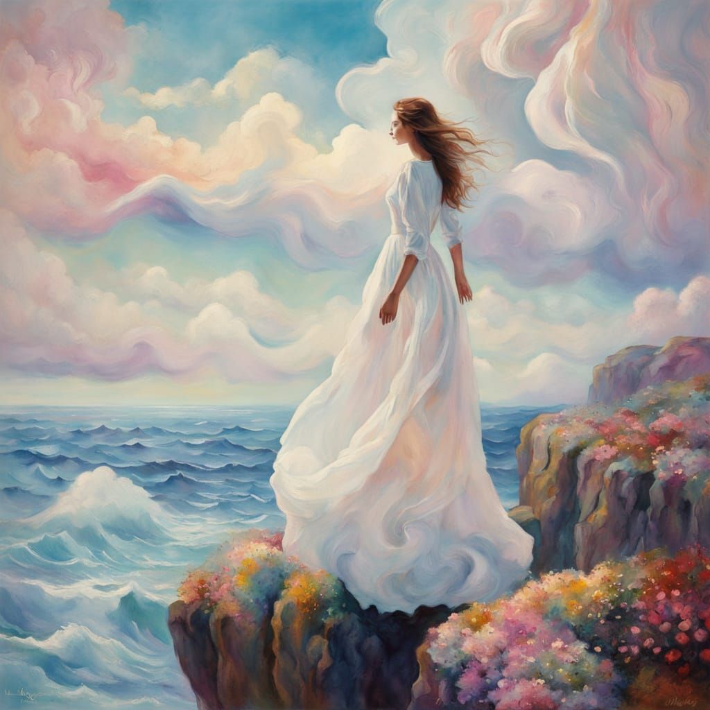 Woman Standing on Rocky Cliff in Soft Focus Watercolor Style