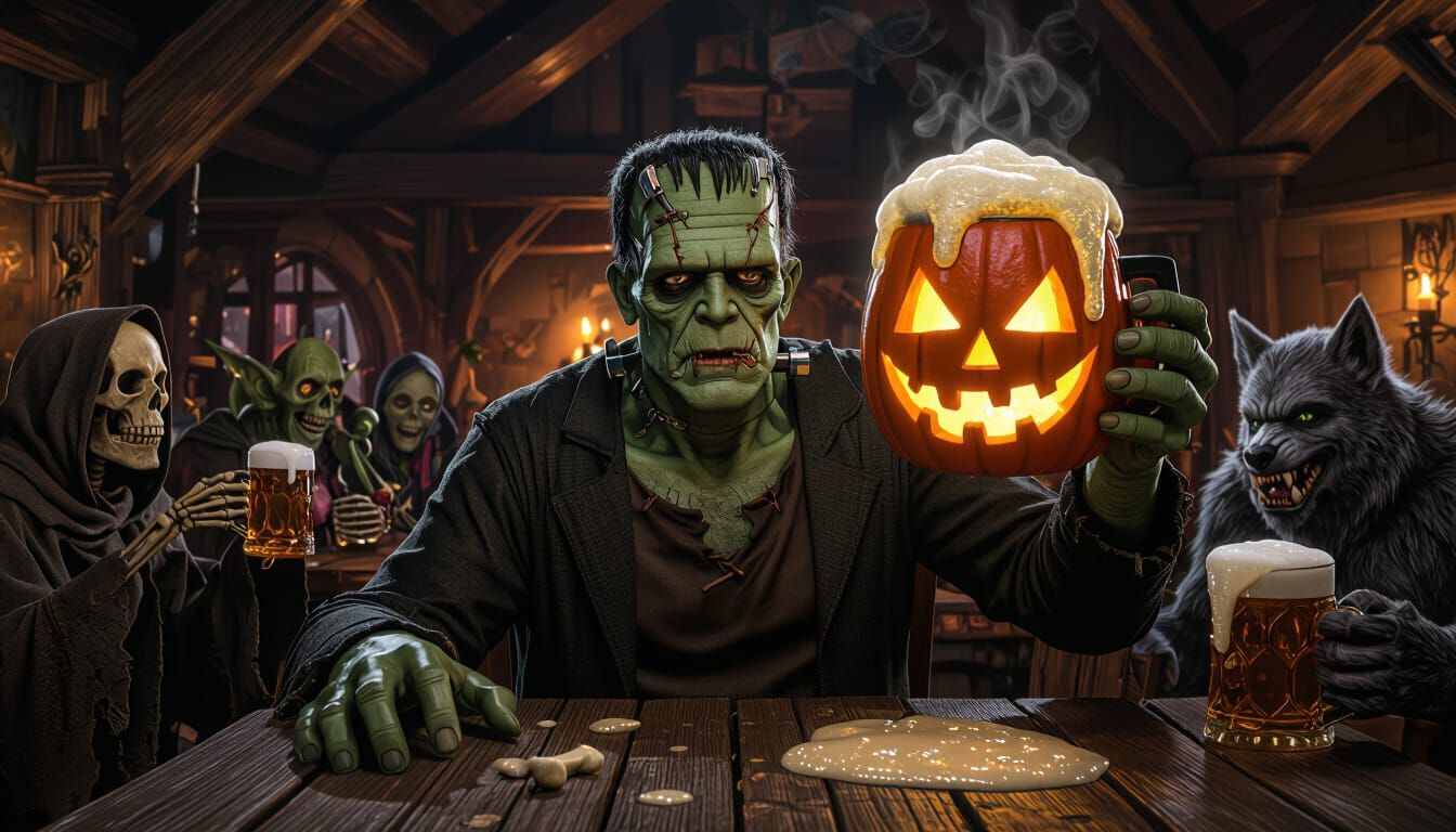 Photorealistic Frankenstein's Monster in Gothic Tavern