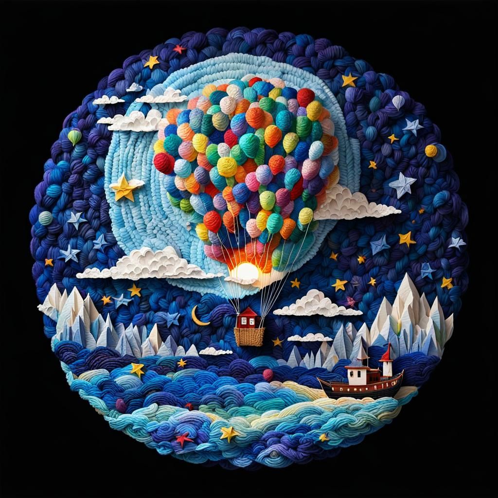 Magical Balloons Over Impasto Paper Islands at Sunset