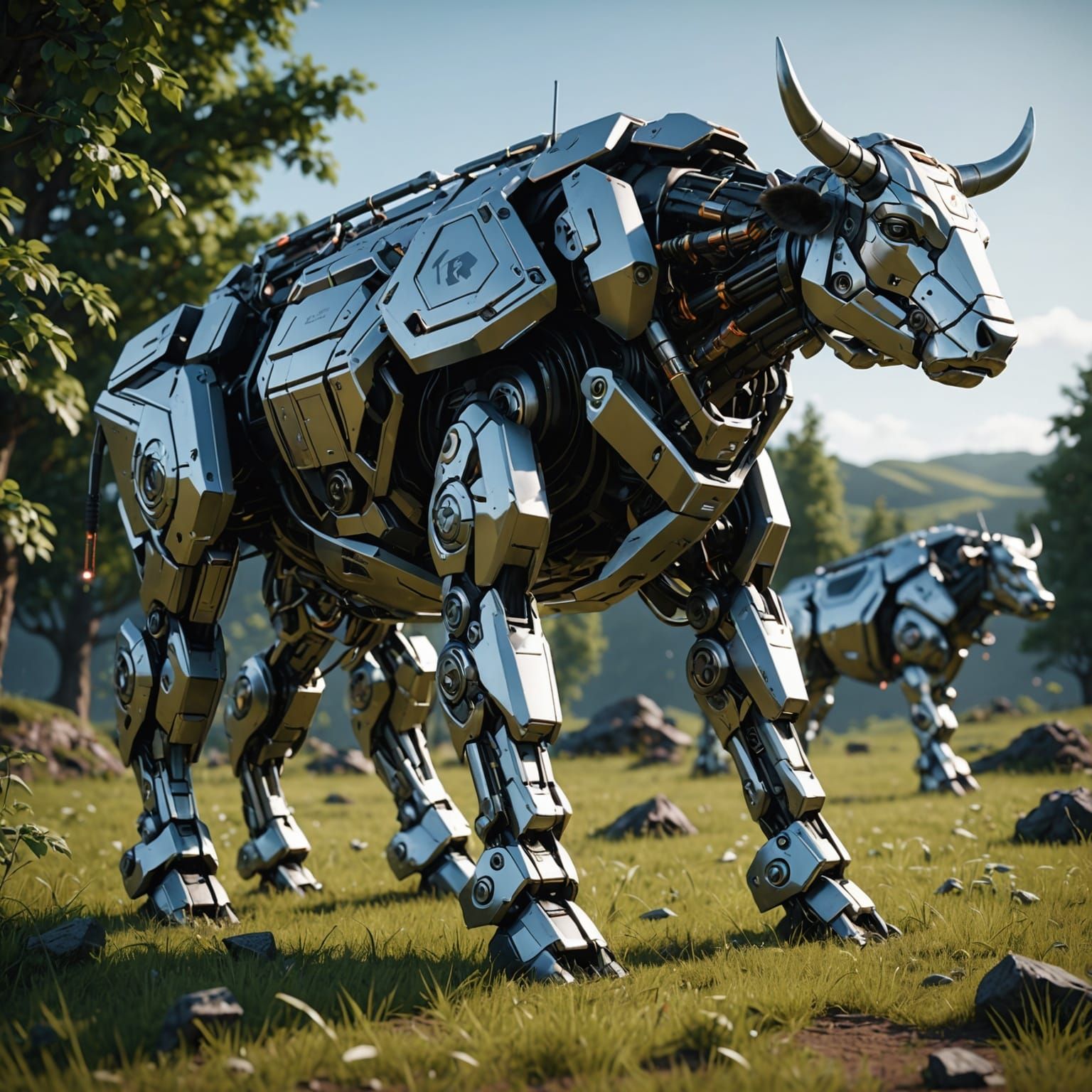 Mecha Cows Grazing in a Sci-Fi Landscape