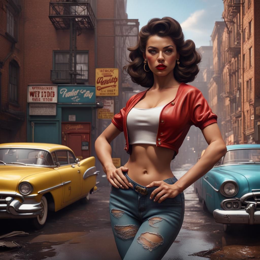 Hyperrealistic Pinup Girl in West Side Story Scene