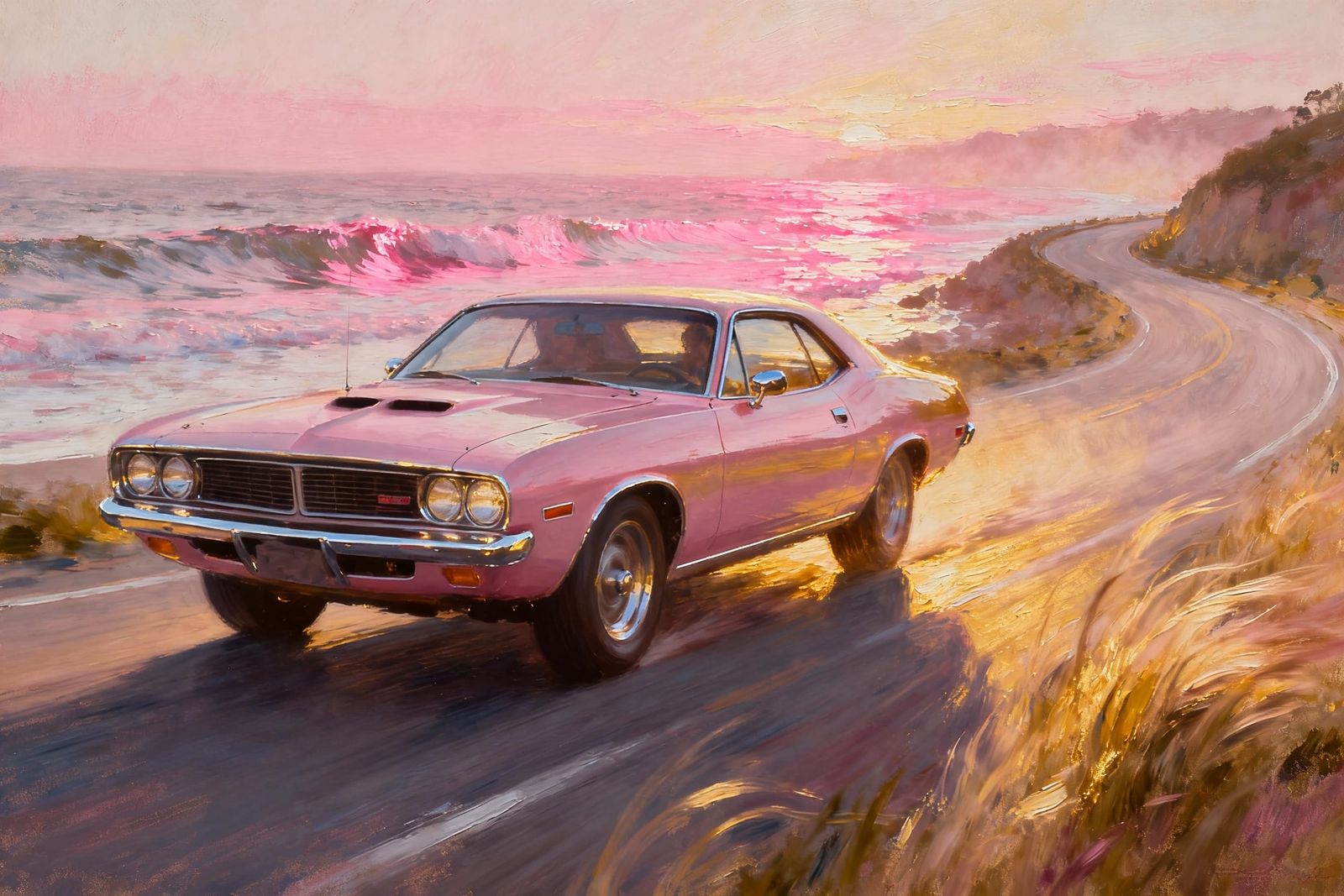 1971 Plymouth Barracuda Drives Coastal Road at Sunrise
