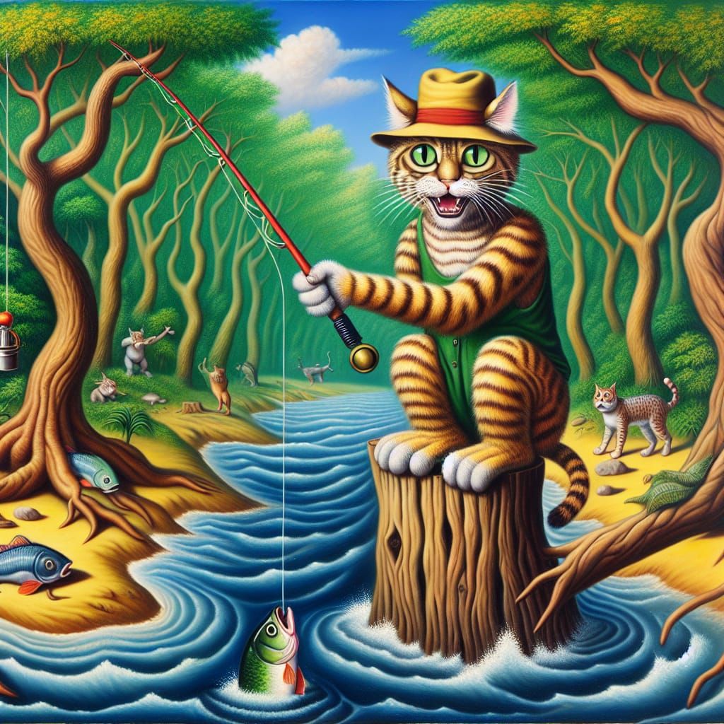 Whimsical Cat Angler in Lush Jungle River Oil Painting