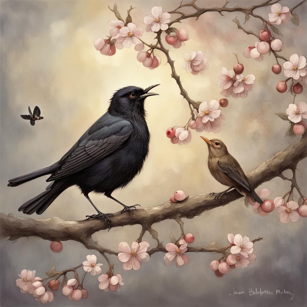 Elf and Blackbird Duet on Cherry Branch