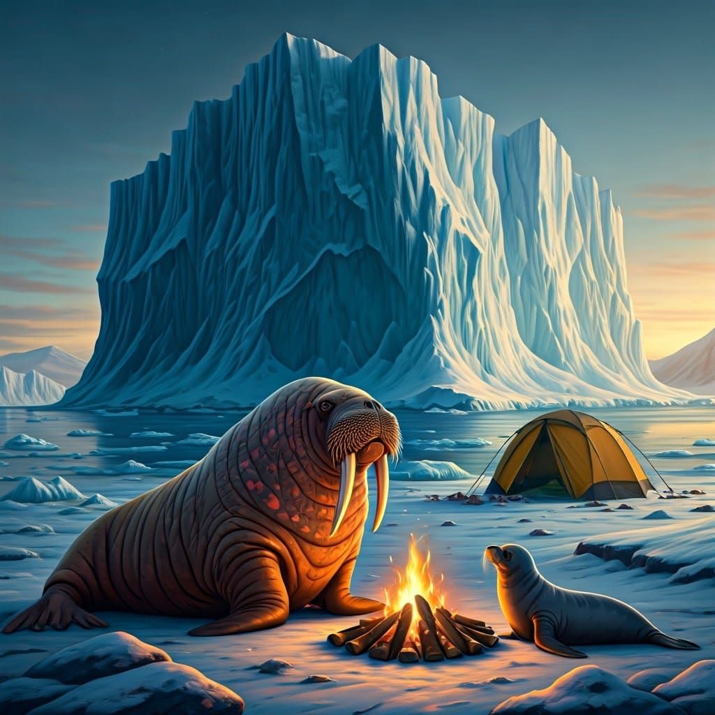 Walrus and Sea Lion Gather Near a Cozy Arctic Fire
