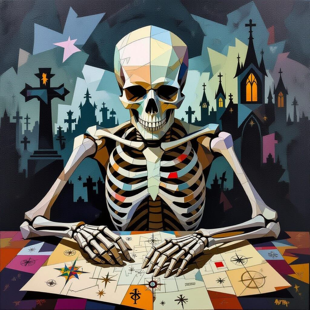 Skeleton on Treasure Map in Cubist Gothic Graveyard